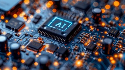 An up-close view of state-of-the-art high-tech equipment featuring a powerful artificial intelligence microchip, illustrating the modern advancements in ai technology and computing capabilities.