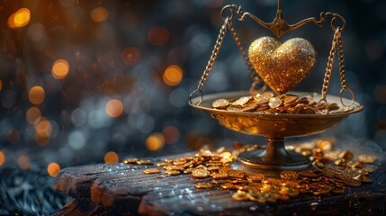 A vintage-styled arrangement of gleaming gold coins and a heart delicately resting on a scale,...