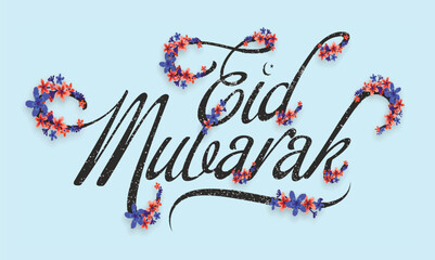 Colourful flowers decorated beautiful text Eid Mubarak on blue background for Muslim Community Festival celebration.