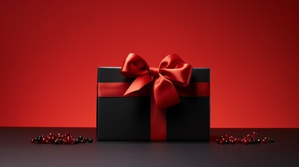 A black box with a red bow on top of a red background