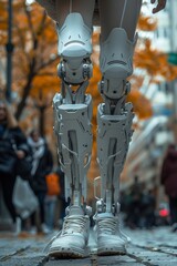 Everyday life meets technology with the use of advanced prosthetic limb on city streets, redefining mobility.