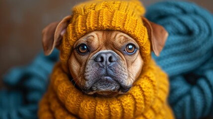 A brown dog dressed in a yellow sweater, playfully interacting with a blue ball of yarn