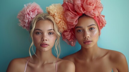 Two young women with flowered hair standing side by side, showcasing their vibrant connection through nature-inspired adornments.