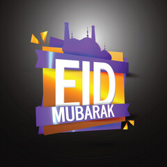 Stylish text Eid Mubarak on glossy ribbons with creative Mosque for Muslim Community Festival celebration.