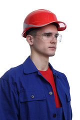 Young man wearing safety equipment on white background