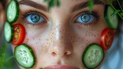 A young woman applying slices of cucumbers and tomatoes on her face for a natural facial treatment