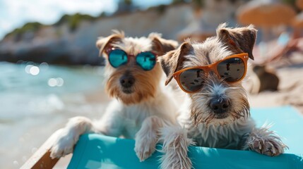 Two cool dogs in sunglasses chilling at the beach, capturing the essence of a carefree vacation and travel. These adorable canines exude a laid-back summer vibe by the ocean.