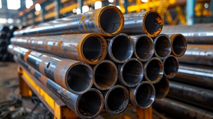 At the industrial metallurgical plant, observe small diameter metal pipes. Finished products can be found in the workshop of an industrial enterprise.