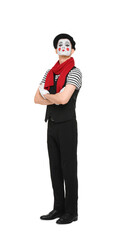 Funny mime artist in beret posing on white background