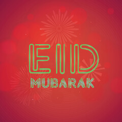 Eiid Mubarak text on creative fireworks decorated shiny red background for Muslim Community Festival celebration.