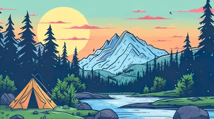 Tuinposter summer camping mountain scene streaming background, thick line art © Pter