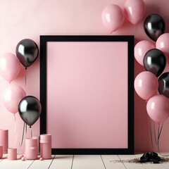 Mock up poster in interior background with pink and black balloons