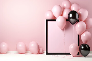 Mock up poster in interior background with pink and black balloons