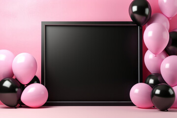 Mock up poster frame in interior background with pink and black balloons