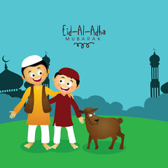 Cute Islamic Kids in Traditional Outfits with Sheep, Celebrating and Enjoying on occasion of Muslim Community, Festival of Sacrifice, Eid-Al-Adha Mubarak in front of Mosque