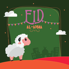Greeting card design with cute Baby Sheep in front of Mosque on Desert background for Muslim Community, Festival of Sacrifice, Eid-Al-Adha Mubarak.