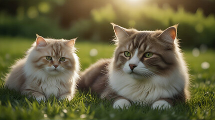 Naklejka na ściany i meble cute dog and cat lying together on a green grass field nature in a spring sunny background.generative.ai