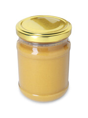 Fresh tasty mustard sauce in glass jar isolated on white