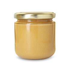 Fresh tasty mustard sauce in glass jar isolated on white