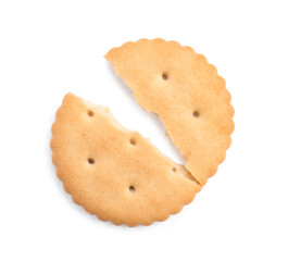Crispy broken cracker isolated on white, top view