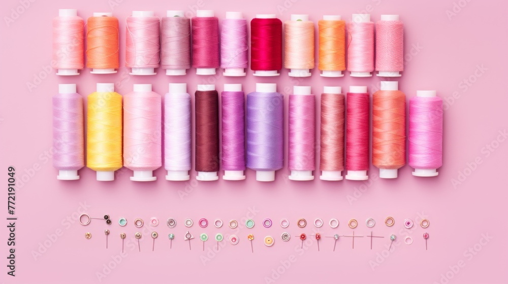 Aufkleber a row of colorful spools of thread are arranged on a pink background