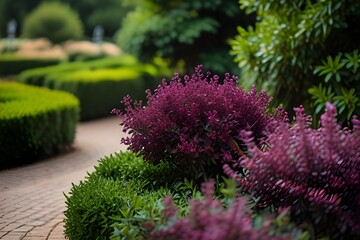Amazing nature with boxwood bushes and purple flowering in Berbnardine gardens in Vilnius Generative AI - obrazy, fototapety, plakaty