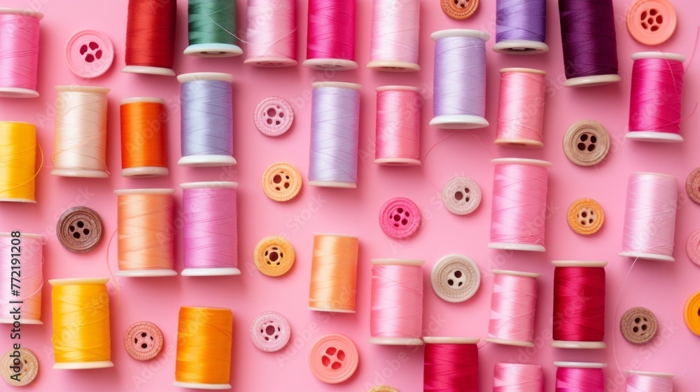 Poster a colorful assortment of buttons and spools of thread on a pink background