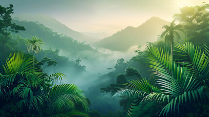 Fototapeta na wymiar Lush green tropical rainforest landscape with misty mountains at dawn, cut out. Generative Ai