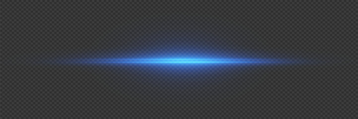 Flash of neon light. Line of horizontal light with glare. On a transparent background.
