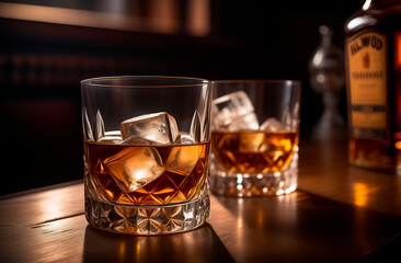 Two whiskey drinks on the wood counter in the bar - 772191430