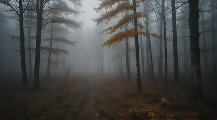 landscape mystical white fog in the autumn depressive forest, sadness loneliness mood.generative.ai - obrazy, fototapety, plakaty