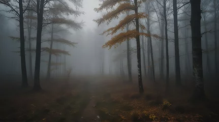 Poster landscape mystical white fog in the autumn depressive forest, sadness loneliness mood.generative.ai © Waqar