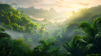 Lush green tropical rainforest landscape with misty mountains at dawn, cut out. Generative Ai