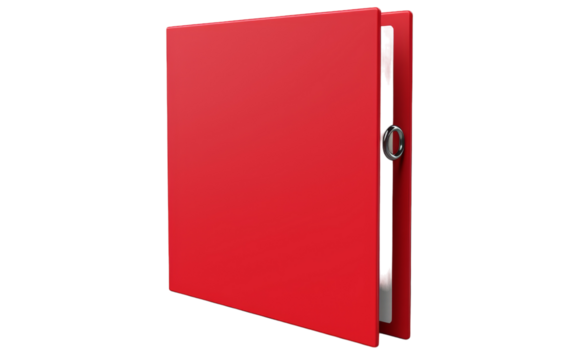 A vibrant red folder with a shiny metal button closure