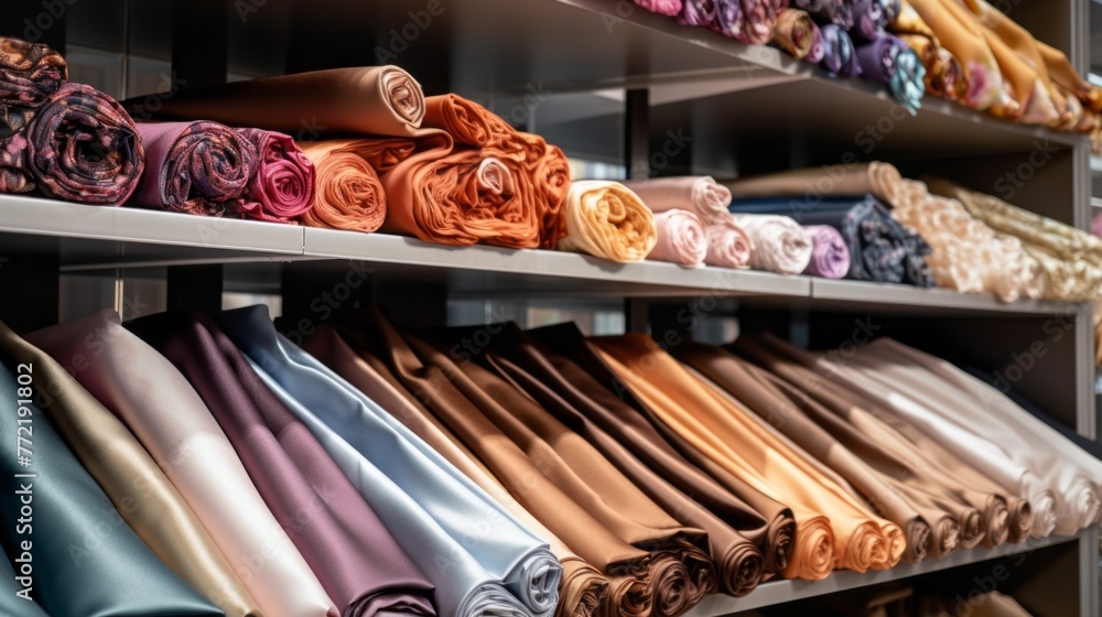 Poster a rack of colorful fabric with a variety of colors and patterns