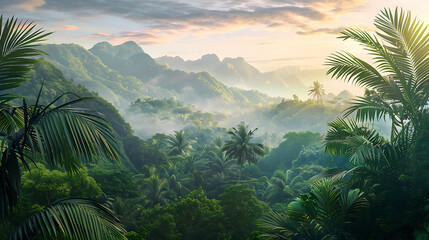 Fototapeta na wymiar Lush green tropical rainforest landscape with misty mountains at dawn, cut out. Generative Ai