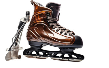 A pair of ice skates beside a pair of ski poles in a winter sports setting