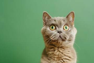 Fototapeta na wymiar funny british shorthair cat portrait looking shocked or surprised on green background with copy space - generative ai