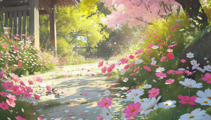 The scent of blooming flowers filled the garden with a sweet fragrance.. japan