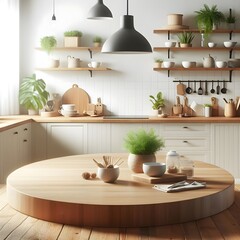 Empty beautiful round wood tabletop counter on interior in clean and bright kitchen background, Ready for display fast foods, Banner, for product montage, marketing, designing, ai generated image

