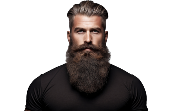 A man with a long beard, clad in a black shirt, exudes wisdom and mystery - Powered by Adobe