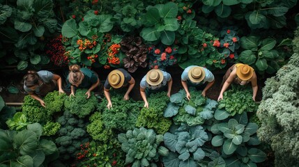 happy quality time friends and family, people in community helping each other gardening at green vegetable farm,  top view men and women harvesting fresh farm produce, Generative Ai - obrazy, fototapety, plakaty