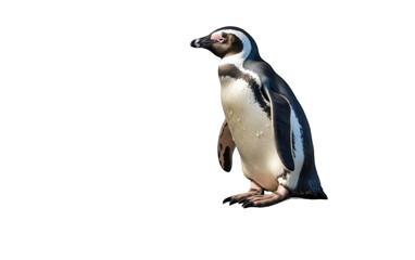 Fototapeta premium A penguin gracefully balances on its hind legs against a stark white backdrop