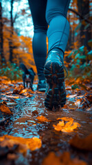 The boots of a hiker accompanied by their dog tread a forest trail, wet from the autumn rain, capturing the essence of a trekking experience in the company of their pet.