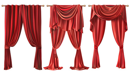 Set of red curtains isolated on white background