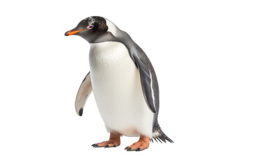 A lone penguin stands confidently on a pure white background
