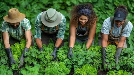 happy quality time friends and family, people in community helping each other gardening at green vegetable farm, top view men and women showing their pot herb, Generative Ai - obrazy, fototapety, plakaty