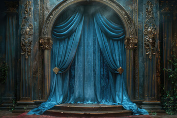 Victorian curtain backdrop, blue and teal velvet drapes, ornate archway backdrop. Created with Ai - obrazy, fototapety, plakaty