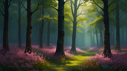 paint like illustration of spring flower blossom forest, idea for artistic background wallpaper.generative.ai