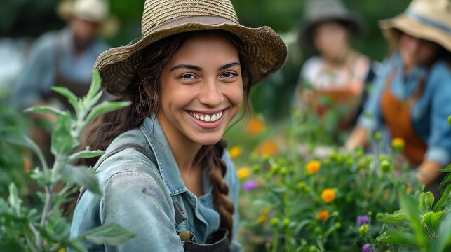 happy woman growing flower and vegetables in plantation, home springtime gardening, Generative Ai